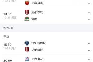 最后2轮!海港vs浙江英博,蓉城vs河南深圳,申花vs深圳津门虎!